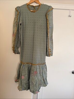 1980s Jeanne  Marc Sage Green Printed Long-Sleeve Casual Dress size 4